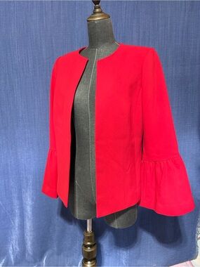 💠T128 Reitmans Red Collarless Blazer with Bell Sleeves